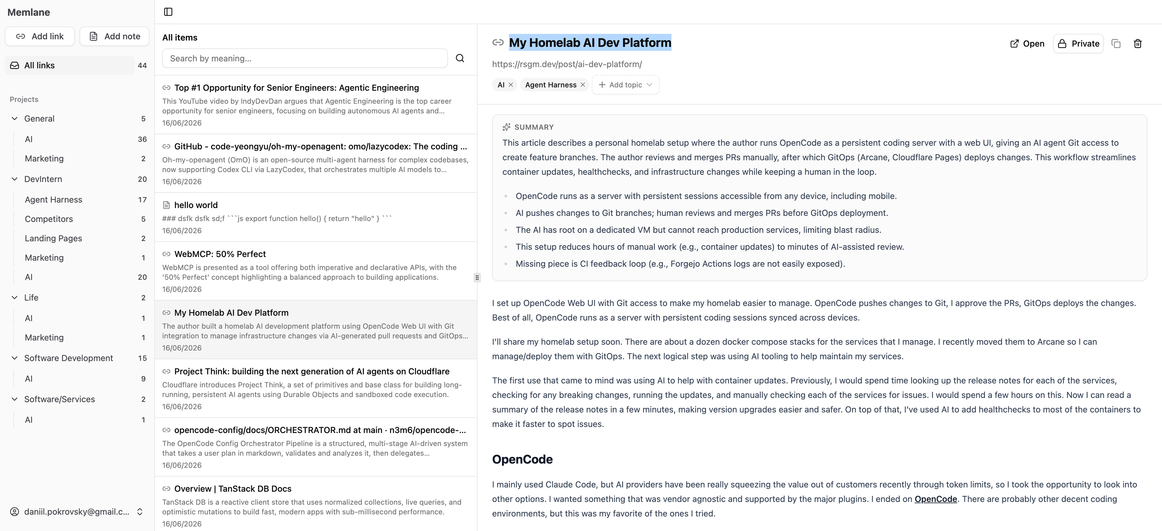 The Memlane app: a sidebar of your topics, a list of saved links, and an open article with an AI summary and clean readable text.